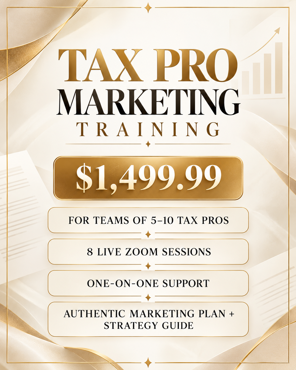 Cream and gold Tax Pro Marketing Training flyer for teams of 5–10